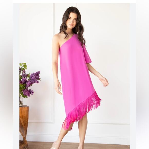 Trina Turk Gull Asymmetric Fringe Hem One Shoudler Dress Size XS NWT Boho Glam - Picture 2 of 7
